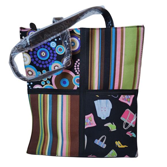 Black Tote Purse Shoulder Bag Handbag Stripes Circles Shoes 11" x 3" x 13" - Picture 1 of 7